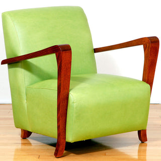 The Retro Fifties Chair with Jarrah Timber Arms in Pale Green Leather