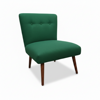 A modern accent chair upholstered in bright yellow fabric, featuring a button-tufted backrest and tapered dark brown wooden legs, shown against a plain white background.